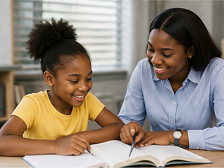 A Brainiac Scholars tutor guiding a primary school pupil through a reading exercise