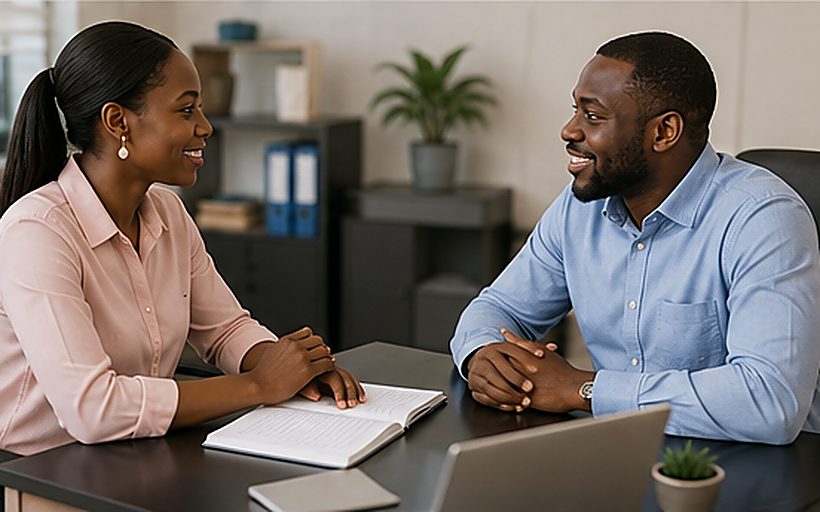 An education consultant meeting a parent across a desk in an office